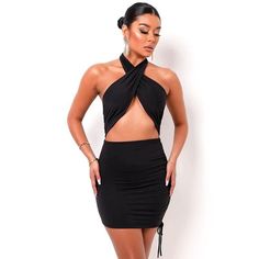 Add some love to your wardrobe! Our black mini dress is here to make you look stunning. Made of high-quality polyester and cotton mix, which gives your body flexible movement and makes your curves show up. This black dress is featuring an asymmetrical wrap halterneck, a ruched double layer with a side drawstring to adjust the length, and sexy cutout detail in the belly area to add some drama. This dress also available in white, yellow, orange, khaki, brown, and red. Details: Women Dress Black Mini Bodycon Cutout Halterneck Backless Asymmetrical Cross Over Ruched Drawstring Ruched Mini Dress For Night Out, Black Mini Dress For Club, Ruched Mini Skirt Dress For Night Out, Black Ruched Halter Neck Bodycon Dress, Black Mini Dress For Night Out, Black Asymmetrical Mini Dress For Club, Asymmetrical Black Mini Dress For Club, Black Ruched Halter Neck Mini Dress, Black Draped Bodycon Dress