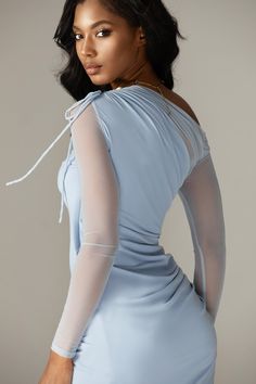 Its from our lightweight organza mesh fabric, blended with the purest, most luxurious mulberry silk in a pretty pastel blue hue. 'Dua’ is one of the highlights of our new season collection. Featuring an off shoulder neckline with pretty adjustable shoulder that create a beautiful shape around the neck and ruched effect gently down through the bust. The delicate gathering throughout flatters your figure and the sleeves fit slim through the arms. The close fit is enhanced by the special soft inner Cut Out Maxi Dress, Mesh Long Sleeve, Pretty Pastel, Pastel Blue, Blue Hues, Mulberry Silk, Mesh Fabric, Off Shoulder, The Dress