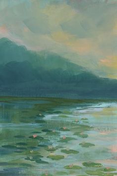 an oil painting of water lilies and mountains in the distance with clouds above them