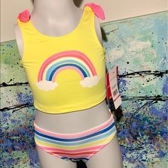 Girls Rainbow Two Piece Bathing Suit/ Bikini Size: 2t Cute Yellow Summer Set, Cute Yellow Summer Sets, Cute Yellow Sets For Summer, Yellow Sleeveless Beach Sets, Cute Yellow Sleeveless Sets, Yellow Sets For Summer Playtime, Yellow Sets For Playtime In Summer, Yellow Summer Playtime Sets, Yellow Playtime Sets For Summer