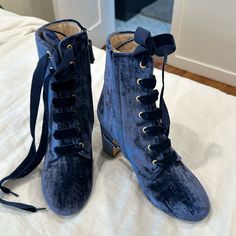 Pristine Condition. Never Worn. Blue Heel Boots, Godmother Aesthetic, Fairytale Heels, Light Blue Boots, Blue Academia, 1700s Fashion, Blue Steampunk, Descendants Clothes, Blue Velvet Boots