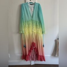 Linjia Shop Rainbow Dress Boho Ruffle Dip-Dye Size Large Multicolor Beachwear Midi Dress As Beach Cover-up, Multicolor Ruffled Maxi Dress For Beach, Multicolor Ruffled Maxi Dress For The Beach, Pastel V-neck Summer Dresses, Multicolor Ruffled Summer Maxi Dress, Multicolor Ruffled Maxi Dress For Summer, Spring Beachwear Dresses With Ruffles, Multicolor Ruffled Midi Dress For Beach, Multicolor Ruffled Midi Dress For The Beach