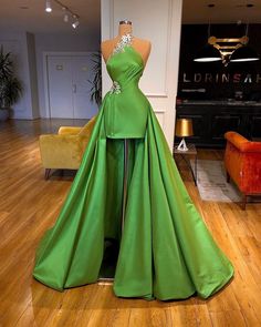 Award Show Dresses, Detachable Train, Short Prom Dresses, Formal Party Dress, Green Prom Dress, Satin Prom Dress