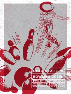 a poster with an image of a man on a skateboard and bowling balls in the air