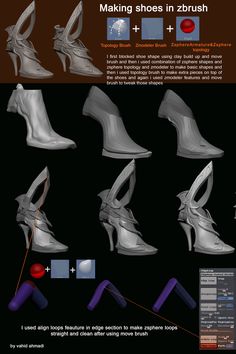 some different types of shoes are shown in this graphic art workflowe, with the text making shoes in zbrush