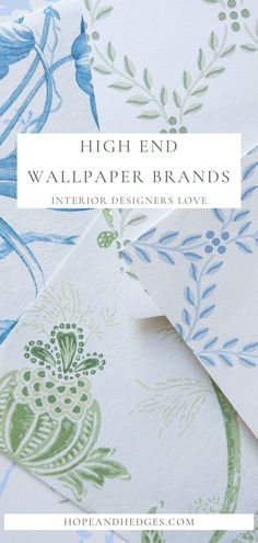 the high end wallpaper brands logo with blue and green floral designs on white paper