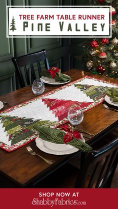 Add a touch of the great outdoors to your table with the delightful Tree Farm Table Runner. Designed by Gina Martin and recolored by Shabby Fabrics using the lovely Pine Valley collection from Moda Fabrics, the creative layout of this pattern yields two rows of trees, a fun illusion that will brighten up your dining room this holiday season.