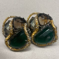 Beautiful Genuine Gemstones. If Interested: I Have The Matching Necklace On My Site. Alexis Bittar Jewelry, Stone Gold, Alexis Bittar, Clip Earrings, Matching Necklaces, Gray Green, 10k Gold, Jewelry Store, Jewelry Stores