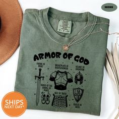 Our handmade Armor of God tshirts ship the same or next business day and are made to order just for you! Our trendy Christian shirts are made from an ultra soft 50/50 blend which will quickly make this your go to Religious long sleeve! We print all our threads with 100% eco-friendly water based ink. This means our ink is PVC free, safer to wear, and more sustainable for the environment. This makes all our garments both incredibly breathable and super long lasting! ♥Details♥ - 50/50 blend premium Belt Of Truth, Catholic Shirt, Bible Verse Tees, Bible Verses For Women, Army Shirts, Armor Of God, Religious Gifts, Christian Shirts, Christian Gifts