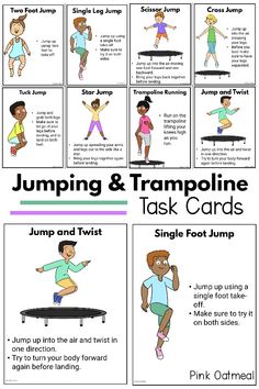 the jumping and trampoline task cards for kids to practice jump and twit