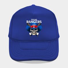 a blue texas rangers hat with a skull and crossed swords on it