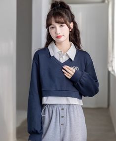 Blue Two-Piece Illusion Collared Sweatshirt M Fashion Chingu, Blue Two Piece, Yellow Sweatshirt, Collared Sweatshirt, Crop Sweatshirt, Korean Outfits, Grey Sweatshirt, Printed Sweatshirts, Preppy Style