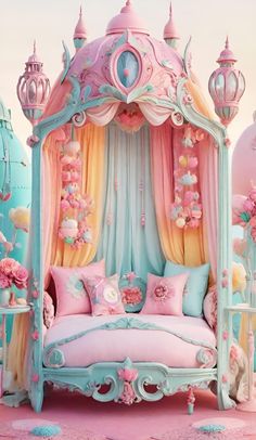 a pink and blue canopy bed with flowers on the top is surrounded by other decorations