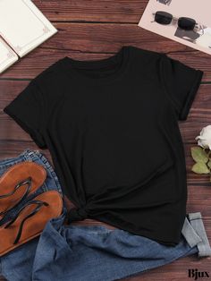 Bjux - Womens Plus Size Casual T-Shirt with Turtle and Letter Print, Featuring Short Sleeves, Round Neck, and Slight Stretch Fabric Basic Solid Stretch T-shirt, Black Solid Color T-shirt For Summer, Black T-shirt For Summer, Basic Stretch T-shirt In Solid Color, Basic Stretch Solid Color T-shirt, Basic Black Solid Color Top, Black Stretch Plain T-shirt, Black Solid Crew Neck T-shirt, Stretch Solid T-shirt With Letter Print