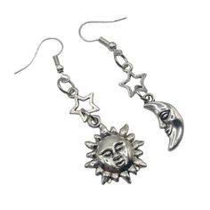 Sun and moon dangle earrings Handmade Silver plated ear hooks 5cm drop Complete in gift bag Dangle Alloy Earrings With Ear Wire, Handmade Alloy Dangle Earrings, Trendy Dangle Earrings With Moon Charm, Sun And Moon Design Dangle Earrings Gift, Trendy Moon Charm Drop Earrings, Sun And Moon Design Dangle Earrings For Gift, Everyday Moon Charm Drop Earrings, Dangle Earrings With Sun And Moon Design For Gift, Sun And Moon Design Metal Drop Earrings