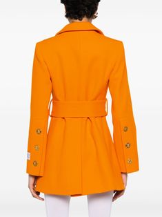 Tailored Long Sleeve Orange Outerwear, Orange Single-breasted Blazer For Fall, Formal Orange Notch Lapel Outerwear, Designer Belted Blazer For Work, Formal Orange Outerwear With Notch Lapel, Fall Orange Single Breasted Blazer, Designer Double-breasted Blazer For Fall, Orange Fall Blazer For Office, Fitted Orange Outerwear With Button Closure