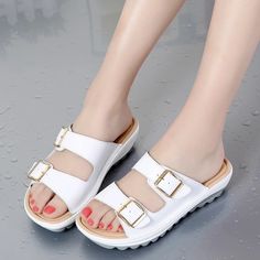 Casual Women Sandals Genuine Leather Summer Flats Shoes Women Fashion Platform Wedges Female Beach Slipper Size 35-43 Round Toe Footbed Sandals For Beach Season, Open Toe Footbed Sandals With Buckle Closure For Beach, Open Toe Footbed Sandals With Buckle For Beach Season, Open Toe Buckle Closure Footbed Sandals For Beach Season, Casual White Slide Wedge Sandals, White Casual Wedge Sandals With Buckle Closure, Summer Wedge Sandals With Buckle Closure, Slip-on, Casual Slip-on Wedge Sandals With Buckle Closure, Footbed Sandals With Buckle Closure For Beach Season