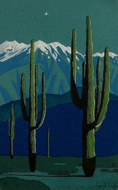 an image of a desert scene with cactus trees and mountains in the background at night