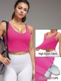 Pink  Collar Sleeveless Knitted Fabric Plain  Embellished Medium Stretch  Women Activewear Sleeveless High Stretch Crop Top With Built-in Bra, Sleeveless Gym Crop Top With Built-in Bra, Sleeveless Tops With Built-in Bra For Yoga, Stretch Sleeveless Activewear With Built-in Bra, Seamless High Stretch Sleeveless Crop Top, Solid Sleeveless Seamless Crop Top, Seamless High-stretch Sleeveless Crop Top, Pink Crop Top With Built-in Bra And High Stretch, Pink High Stretch Crop Top With Built-in Bra