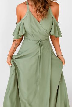 Green Cold Shoulder Flutter Sleeves Maxi Dress Chic Flutter Sleeve Maxi Dress For Spring, Chic Spring Maxi Dress With Flutter Sleeves, Spring Party Maxi Dress With Flutter Sleeves, Summer Party Maxi Dress With Flutter Sleeves, Flowy Chiffon Dresses With Ruffle Sleeves, Flowy Midi Dress With Ruffle Sleeves For Summer, Chic Flowy Midi Dress With Ruffle Sleeves, Spring Midi Dress With Flutter Sleeves In Solid Color, Flowy Ruffle Sleeve Maxi Dress For Summer