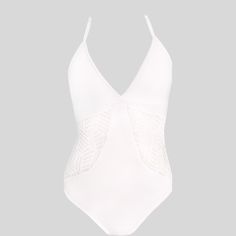 With sustainable fabrics that are true to our versatile and timeless style, this white bodysuit is the perfect accessory for women who want to feel good about their choices and look their best on any occasion. With its modern and elegant design of lace with geometric patterns and gold-plated accessories, this bodysuit adapts to any event. The addition of cut-out detailing in the back gives this piece a sensual and feminine flair. Very soft adjustable elastics. Ergonomic seamless cups. Adjustable Chic Sleeveless Bodysuit With Lace Closure, Chic Sleeveless Lace Closure Bodysuit, Feminine Bodysuit With Lace Closure, Elegant One-piece Bodysuit For Summer, Elegant White Sleeveless Bodysuit, Elegant Beach Bodysuit With Lined Body, Elegant Summer Bodysuit With Lined Body, Chic Bodysuit With Lace Closure, Elegant White Swimwear With Lined Body