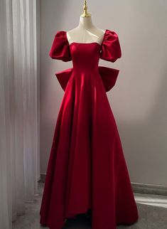 Wine Red Short Sleeves Satin A-line Party Dress Engagement Dress For Women, Prom Dress With Bow, Princess Dress Red, Red Long Prom Dress, Spring Trends Outfits, Dress Wine, Banquet Dresses, Cotton Long Dress, Formal Outfits