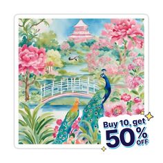 a poster with a peacock and flowers in the background that says buy 10 get 50 % off