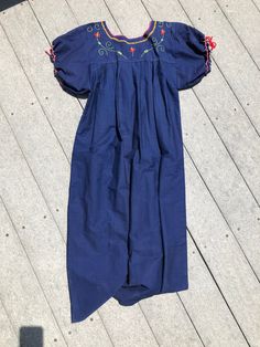 "great condition length 45\" width across shoulders is 23\" FREE SHIPPING B" Blue Maxi Dress With Floral Embroidery And Short Sleeves, Blue Floral Embroidery Maxi Dress For Vacation, Blue Floral Embroidered Maxi Dress For Vacation, Blue Floral Embroidered Maxi Dress For Beach, Blue Short Sleeve Maxi Dress With Floral Embroidery, Blue Cotton Maxi Dress With Floral Embroidery, Blue Mexican Dress, Folk Style Blue Embroidered Beach Dress, Spring Indigo Floral Print Dress