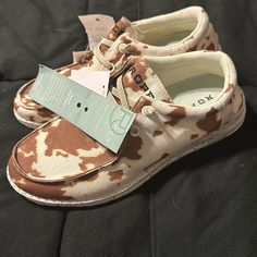 Cow Print Roper Boat Shoes. New With Tags! Size 7. Casual Western Shoes, Cow Hey Dudes, Western Upcycle, Hay Dudes, Western Sandals, Cow Shoes, Hey Dude Shoes Women, Country Accessories, Western Things