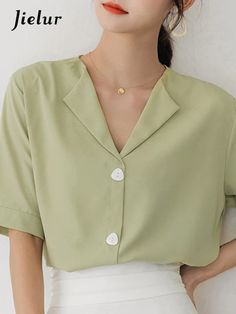 This is perfect for those who are looking for a clothing for a good price. It is fashionable, stylish, and it will look great on anyone who wears it. Do you wanahavit? Size(cm) Shoulder Bust Length Sleeve S 37 100 61 25 M 38 104 62 25.5 L 39 108 63 26 XL 40 112 64 26.5 *Tips: (1 cm=0.39 inch, 1 inch=2.54 cm) 1. Please strictly follow the size chart. Do not select the size directly according to your habits.2. The size information may have 1-3cm differences due to manual measurement. Spring Office Wear Solid Color Shirt, Green Summer Tops For Office, Summer V-neck Workwear Shirt, Green Solid Color Shirt For Office, Summer Workwear Shirt With Collar, Summer Workwear Shirt, Green Solid Color Office Shirt, Summer Office Shirt In Solid Color, Solid Color Summer Office Shirt