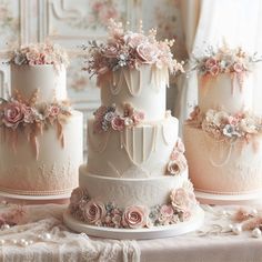 three tiered wedding cakes with pink flowers on the top and bottom, sitting on a table