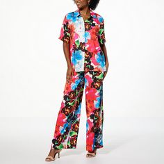 Antthony 2-piece Printed Challis Camp Shirt & Pant Set  Being comfortable in your skin is one thing. Being comfortable in your clothes is essential. Antthony designed this perfectly matched and oh-so pretty printed two-piece set to get you from workday to weekend with style and ease.   What You Get      Camp shirt     Pull-on pant Casual Spring Pajama Party Sets, Multicolor Short Sleeve Sleepwear For Spring, Casual Multicolor Floral Print Sleepwear, Casual Floral Print Pant Set For Summer, Casual Summer Floral Print Pant Set, Relaxed Fit Multicolor Floral Print Sets, Multicolor Floral Print Relaxed Fit Sets, Casual Printed Pant Set For Summer, Casual Multicolor Printed Pant Set