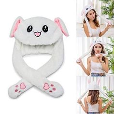 Funny Flush Bunny Hat Ear Moving Jumping Rabbit Cap Gifts For Women Girls/Unisex Description: Lovely Appearance, Creative And Movable / Jumping Bunny Ears Design-Bunny Ears May Twist And Move When Squeezing The Paw. The Rabbit Ear Cap Is Made Of Soft Plush Material, Which Is Skin-Friendly And Comfortable. Casual White Bonnet One Size, Casual White One-size Bonnet, Casual Adjustable Hat With Ears, White Beanie Costume Hat For Winter, White Winter Beanie Costume Hat, White Beanie For Winter Costume, White Beanie For Winter Festival, Adjustable Trendy Bonnet One Size, White Beanie Bonnet, One Size Fits Most