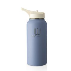 a blue stainless steel water bottle with a white lid and straw in front of a white background