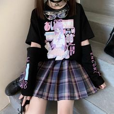 Black E Girl, 일본 패션, Harajuku Girls, Girls Crop Tops, Japanese Streetwear, Goth Outfits