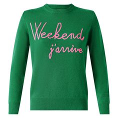 Greenblended cashmere sweaterWeekend j'arrive fluo pink front writing CrewneckLong sleeves Ribbed collar bottom and cuffsRegular fitComposition: 35% Wool 30% Viscose 20% Cashmere 15% Polyamide Green Sweater Women, Barbour Steve Mcqueen, Pink Embroidery, Saint Barth, Beautiful Blouses, Luxury Accessories, Green Sweater, Yoga Wear, Accessories Branding