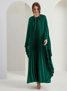 Model height: 177 CM 100% Polyester Length : 140cm inner sleeveless dress 135 cm Luxury Viscose Maxi-length Dress, Luxury Festive Tunic Maxi Dress, Luxury Maxi Dress With Bishop Pleated Sleeves, Luxury Green Belted Maxi Dress, Luxury Green Elegant Kaftan, Luxury Spring Bell Sleeve Maxi Dress, Luxury Chic Maxi Dress With Bell Sleeves, Luxury V-neck Maxi Dress With Buttons, Luxury Chic Bell Sleeve Maxi Dress