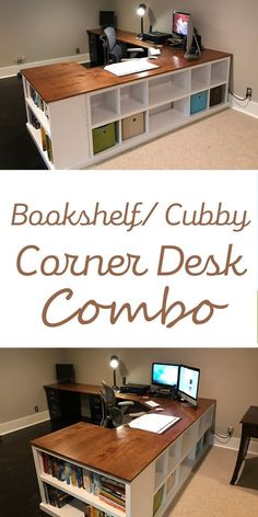 a desk with bookshelf / cubby corner desk combo on top and below