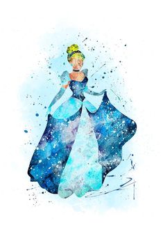 a watercolor painting of a princess in blue dress