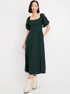 Fit and Flare Crepe Midi Dress | Old Navy Basic Essentials, Midi Dress Fall, Crepe Midi Dress, Mod Cloth Dresses, Family Maternity, Green Midi Dress, Long Sleeve Midi Dress, Modest Dresses, Fit Flare Dress