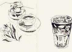 an ink drawing of two cups of coffee and a vase with flowers in it on a table