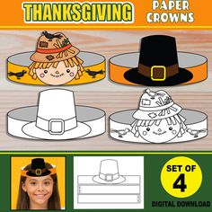 "★ DIGITAL DOWNLOAD ★ These fun Thanksgiving Printable Paper Crown templates are great for a party. Your purchases includes both: a black and white version, and a version in colors! Ready-to-print PDF files. ★YOUR DOWNLOAD INCLUDES: ✔ x 1 Scarecrow Paper Hat template (Black & White) (Size 8.5\"x11\") ✔ x 1 Scarecrow Paper Hat template (Colors) (Size 8.5\"x11\") ✔ x 1 Pilgrim Paper Hat template (Black & White) (Size 8.5\"x11\") ✔ x 1 Pilgrim Paper Hat template (Colors) (Size 8.5\"x11\") ★FORMAT: ➤PDF / Printable / Digital Download / Print and Go / Letter Size 8.5x11 inches ★ This file is for PERSONAL USE ONLY. Commercial use and unauthorized distribution is NOT allowed. Copyright © 2022 FuntastiK Printables by TLG. All Rights Reserved ★ If you have any questions or concerns, please do not h Paper Crowns For Kids, Paper Hat Template, Crown Templates, Scarecrow Hat, Crown Template, Thanksgiving Paper, Hat Template, Headband Crafts, Pilgrim Hat