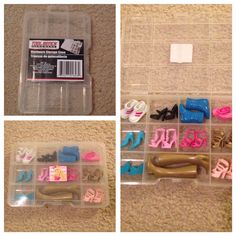 there are several different types of plastic objects in the box on the carpeted floor