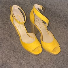 Yellow Suede Jessica Simpson Pumps With Straw Heel Tried On But Never Worn Extremely Comfortable Yellow Closed Toe Platform Heels, Chic Yellow Block Heel Sandals, Yellow Closed Toe Heels In Synthetic Material, Trendy Yellow Wedge Heel Shoes, Chic Yellow Closed Toe Sandals, Yellow Closed Toe Heels For Summer, Trendy Yellow Wedge Heel, Yellow Synthetic Closed Toe Heels, Trendy Yellow Wedge Heels