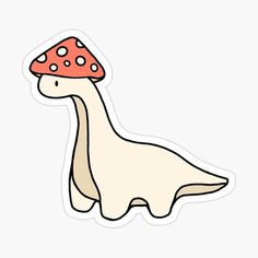 a cartoon dinosaur with a mushroom on its head sticker is shown in white and red