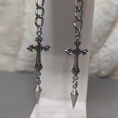 Cross Charm Earrings With Chain And Silver Spike Comes On Stainless Steel Fish Hook Earrings. #Cross #Silver #Crosses #Earrings #Gothic Earrings Silver Dangle, Silver Spike Earrings, Goth Cross Earrings, Upside Down Cross Earrings, Cybersigilism Jewelry, Grunge Jewelry Earrings, Stack Jewelry, Weird Videos, Wedding Jewelry Silver