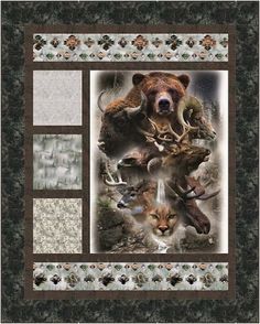 a bear and other animals are depicted in this quilt