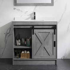 a bathroom vanity with an open door on the side