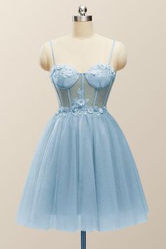 Straps Blue Corset Tulle A-line Short Dress Wedding Mini Dress With Spaghetti Straps And Lace-up Back, Spaghetti Strap Wedding Mini Dress With Lace-up Back, Blue Wedding Dress With Lace-up Back, Blue Wedding Dress With Corset Back, Lace Corset Dress With Lace-up Back And Sweetheart Neckline, Light Blue Dress With Corset Back And Fitted Bodice, Prom Dress With Lace-up Back And Tulle Material, Homecoming Dresses With Corset Back And Tulle, Prom Tulle Dress With Lace-up Back