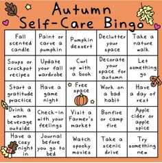 an autumn self care bingo game with pumpkins and leaves